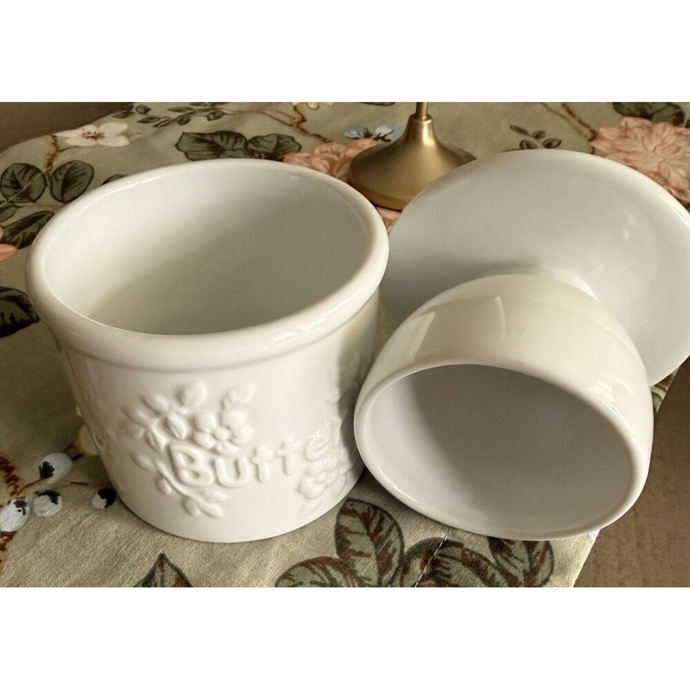 Butter Crock Butter Bell Farmhouse White Embossed Butter Floral Design 0088 - Picture 2 of 4